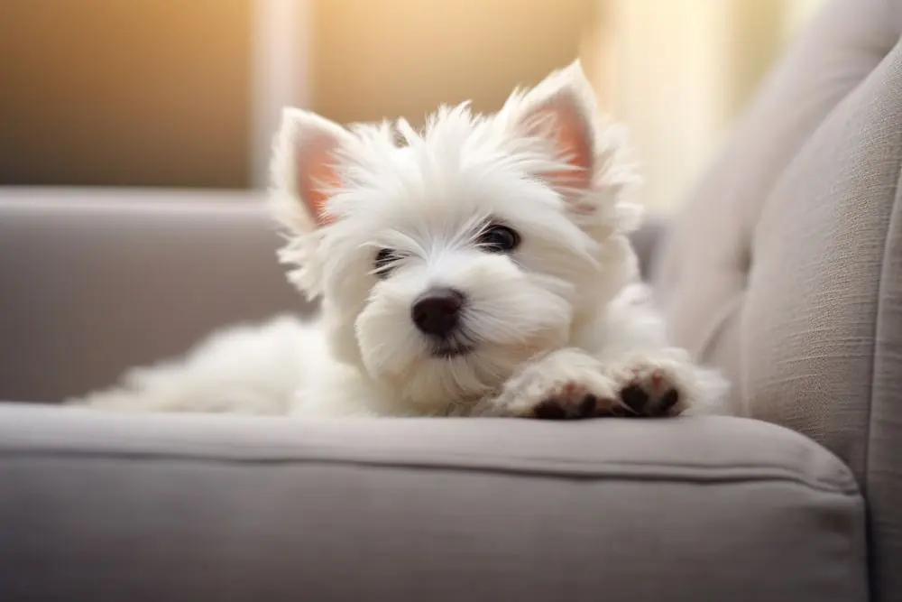 Cachorro de Coton de Tuléar descansando sobre un mueble