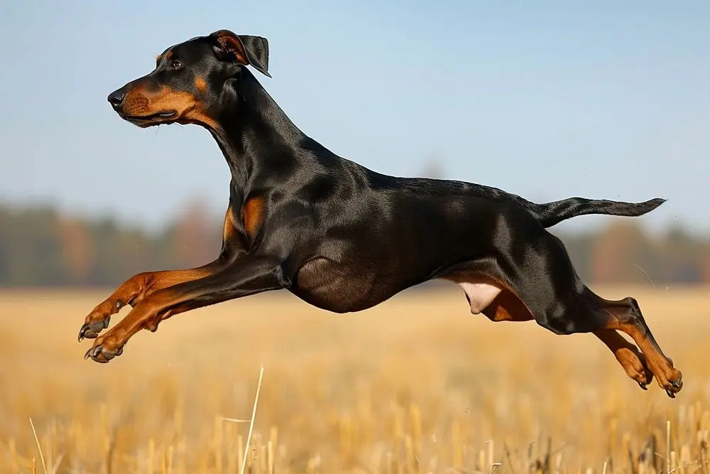 Doberman en movimiento al aire libre.