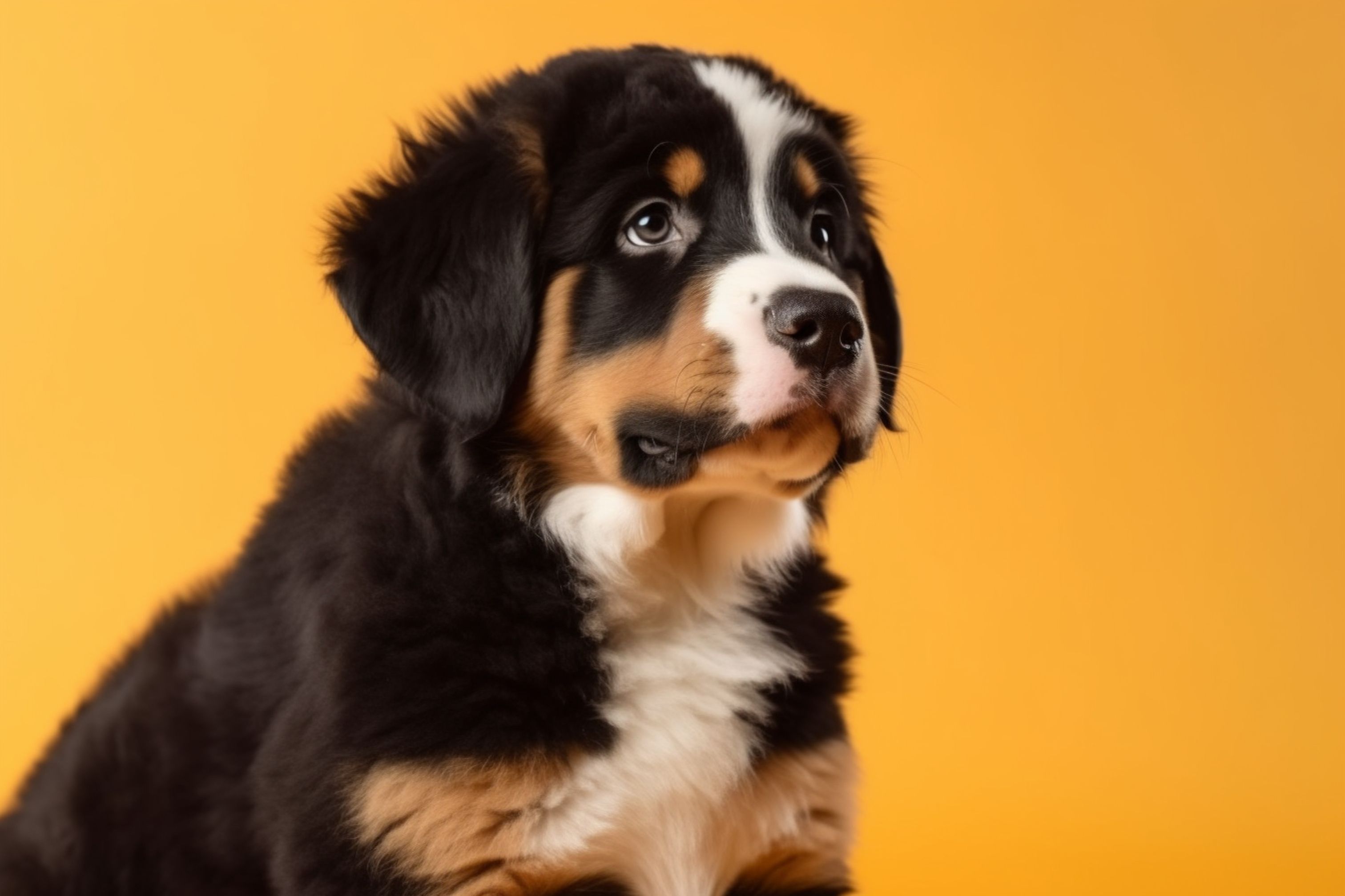 Studio shot of berner sennenhund puppy on yellow studio background