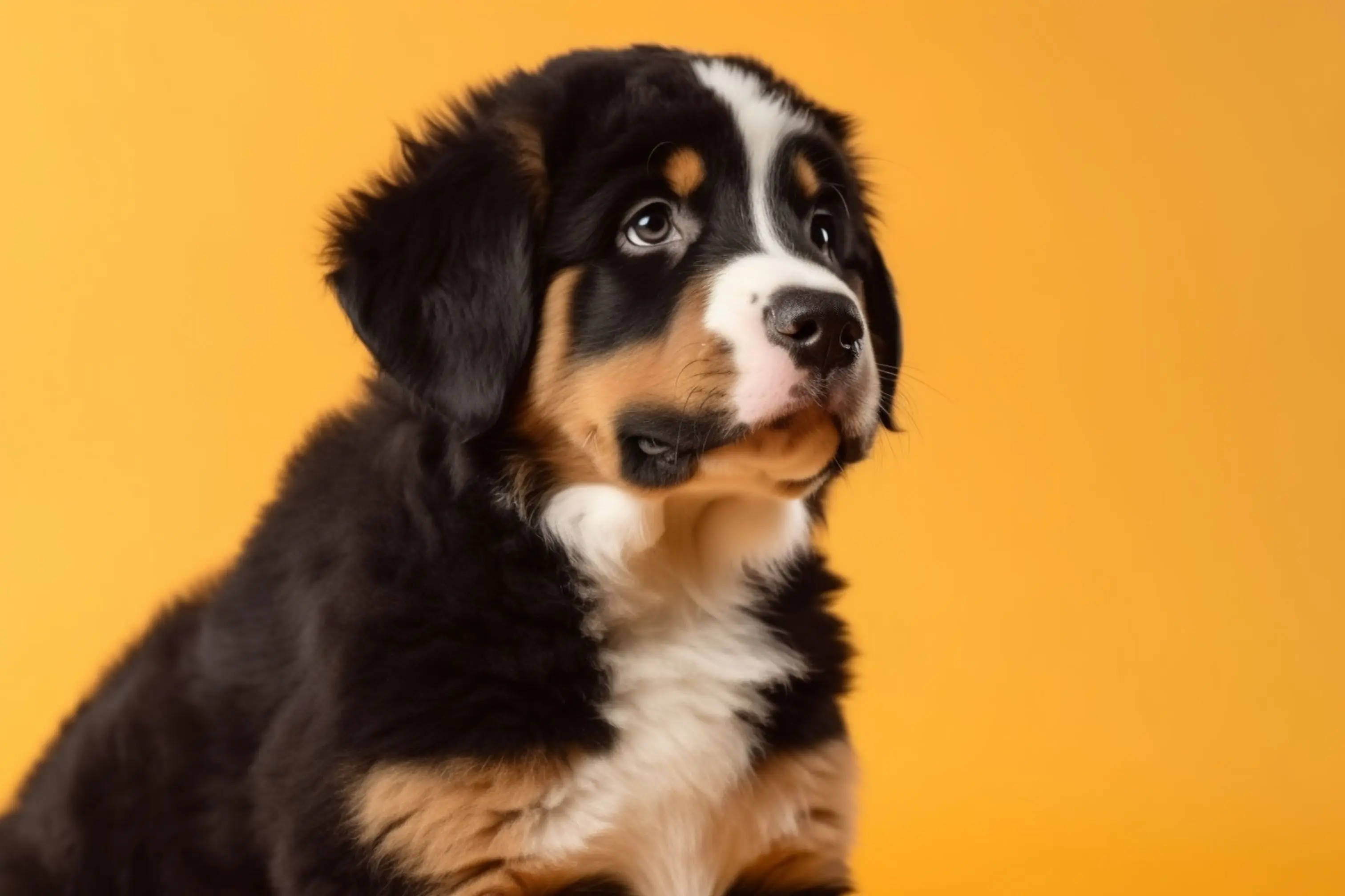 Studio shot of berner sennenhund puppy on yellow studio background