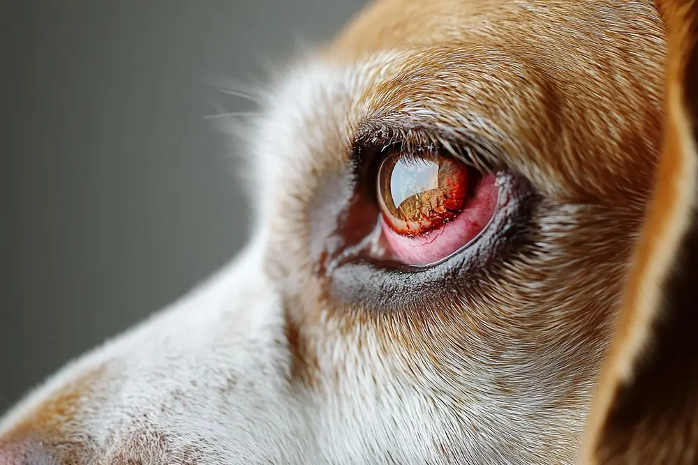 Can con irritación ocular visible.