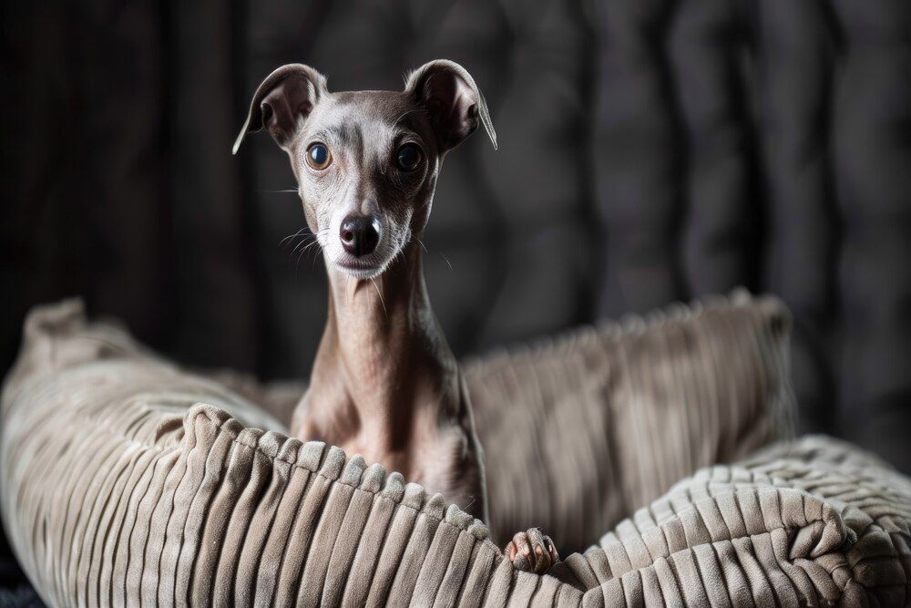 A cute Italian Greyhound with its slender build, sitting on a plush pillow