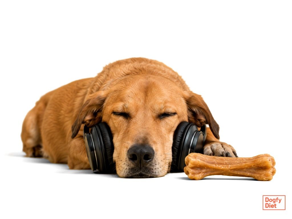 Perro golden retriever relajado con sus orejeras y su snack de larga duración