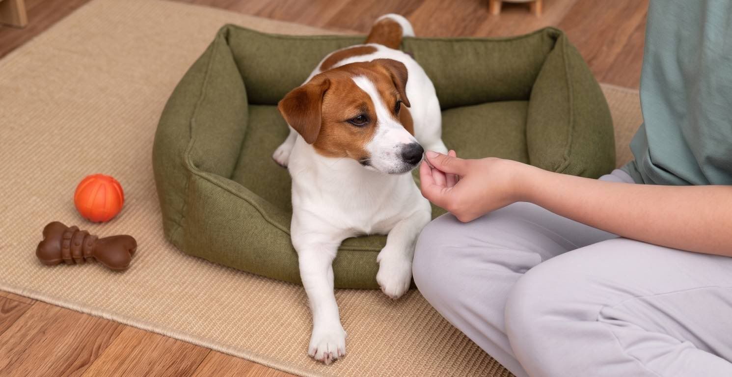 Perro oliendo comida de la mano