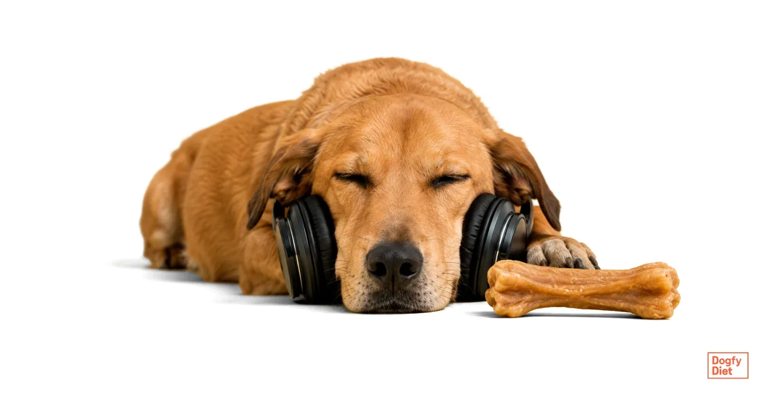 Perro golden retriever relajado con sus orejeras y su snack de larga duración